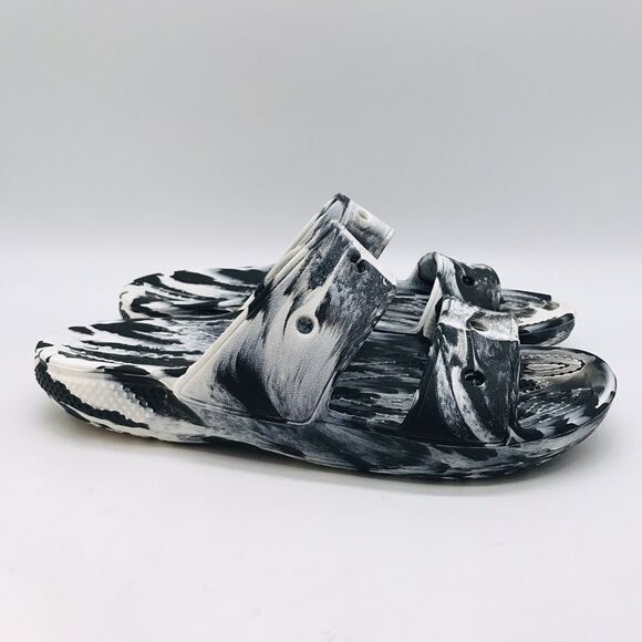 CROCS Iconic Comfort Women's 7 Double Strap Sandals Black & White Marble Slides - Picture 3 of 10